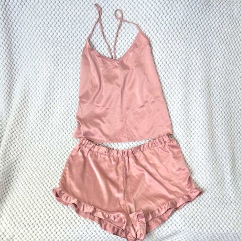 Express Pink Satin Pajama Set with Ruffle Details
